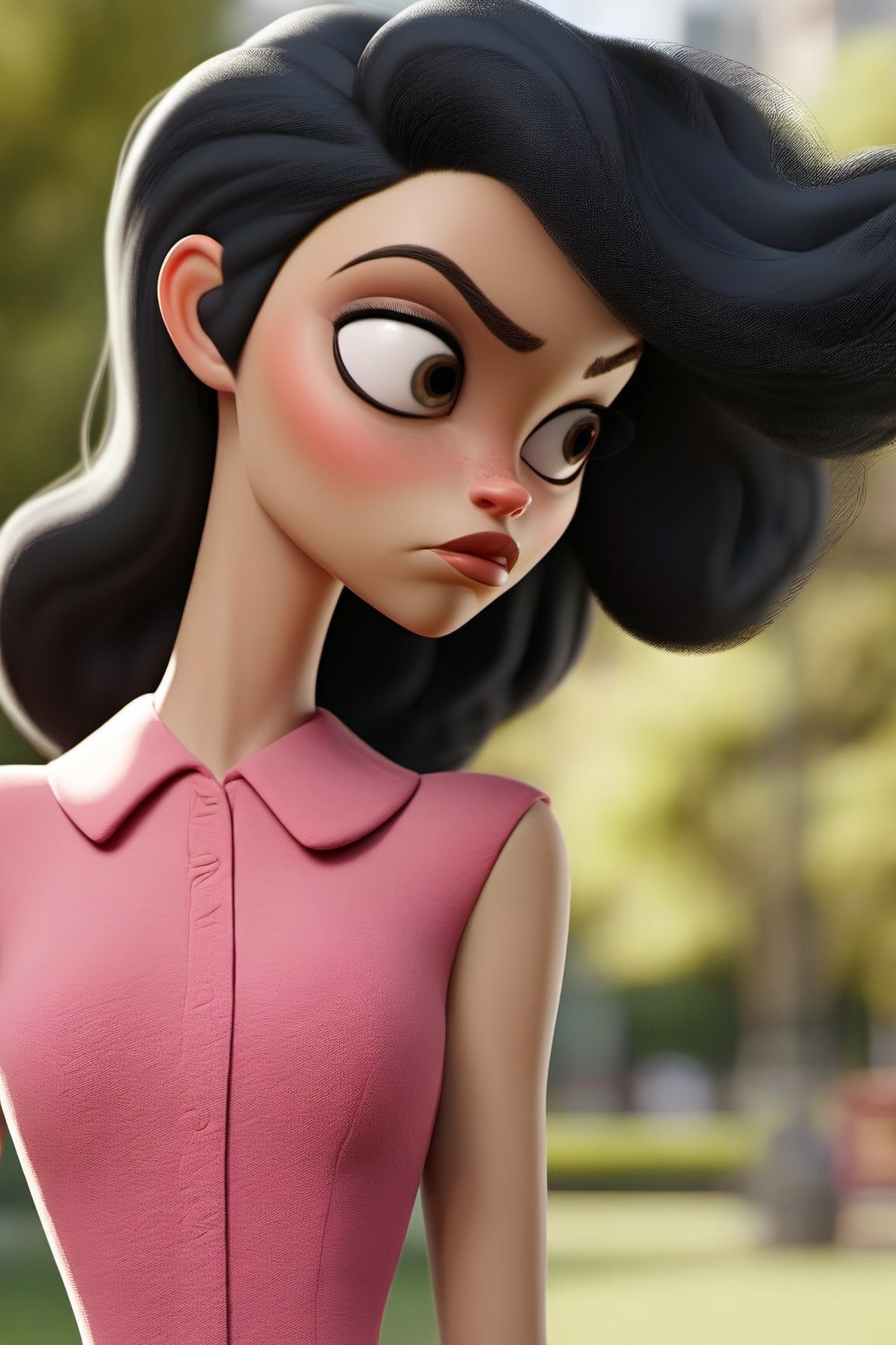 high quality
black hair woman
pink dress
many moles
walking
a park