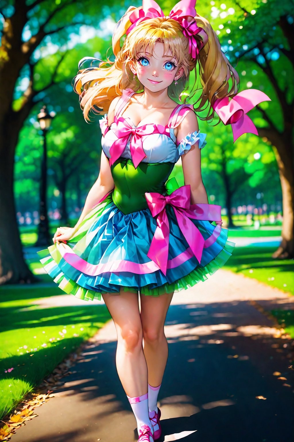 17 years
women
 smiling
big breasts
blonde hair
 below the shoulders tied with a pink ribbon
blue eyes
 White skin
green tutu skirt dress
walking

a park