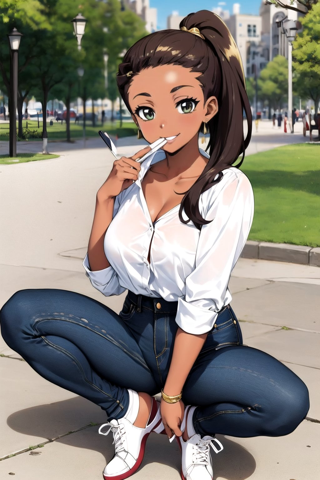 brunette woman
long hair in ponytail
gold blouse, jeans, white shoes

writing in a park
anime