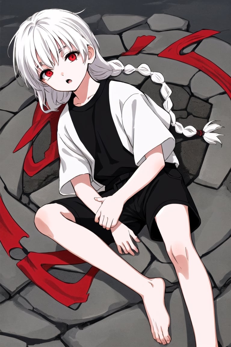 high quality
young albino 8 years old
long white hair in a braid
Red eyes
Dark brown long shirt black Bermuda shorts
barefoot
Stone city