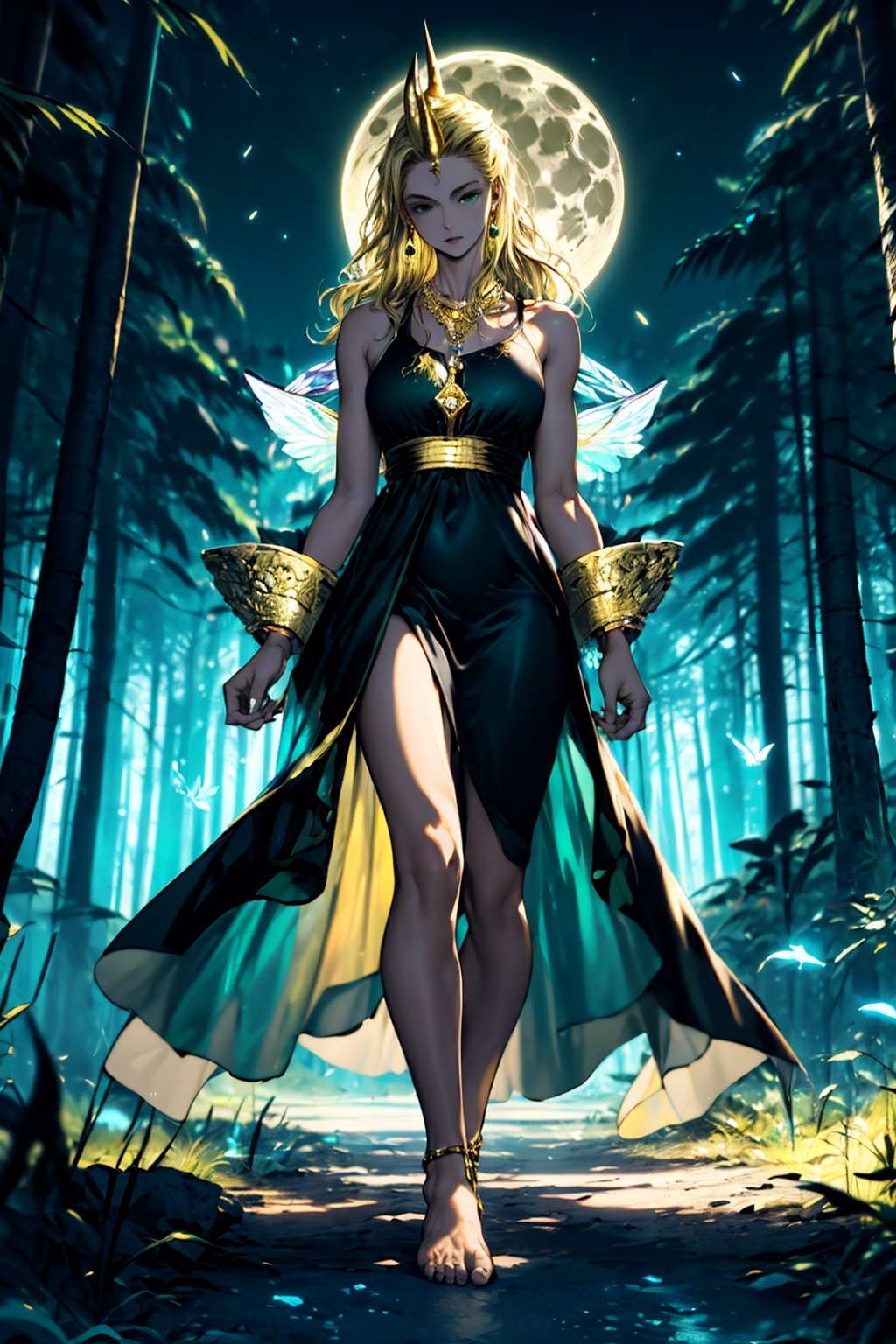 high quality
 serious feminine
 25 years
Long blonde hair, green eyes, white skin.

next to a

man long black hair
brown skin
black eyes

golden dress a gold chain around the neck
a crystal horn on the forehead
big red butterfly wings
walking
barefoot

In the middle of a forest, full moon night, INVERTED VERTICAL MONTAGE