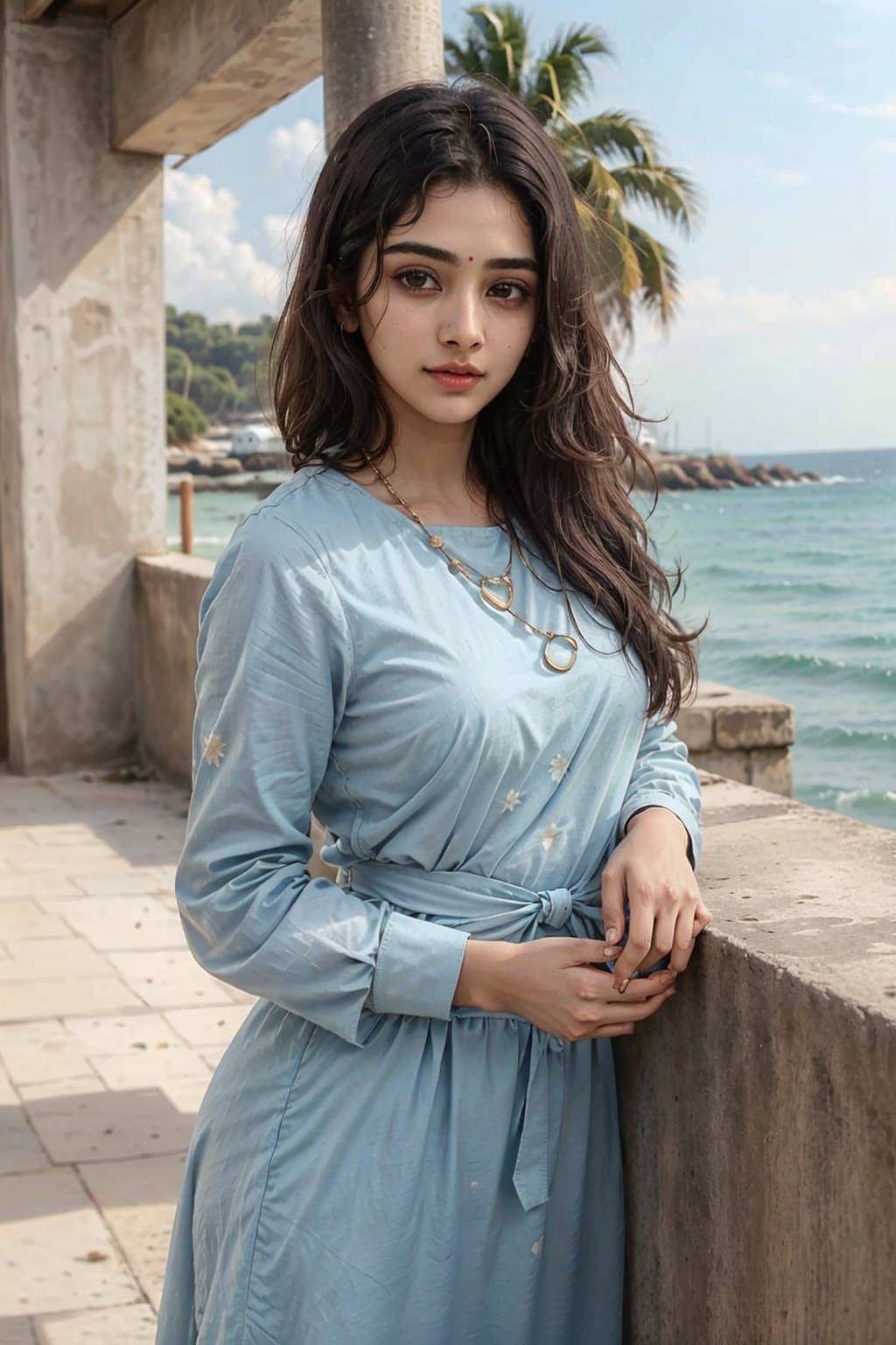 Lovely cute young attractive Indian girl, brown eyes, gorgeous actress, 23 old years, cute, an instagram model, long blonde_hair, colourful hair, winter, by the sea ,wearing sky blue dress india