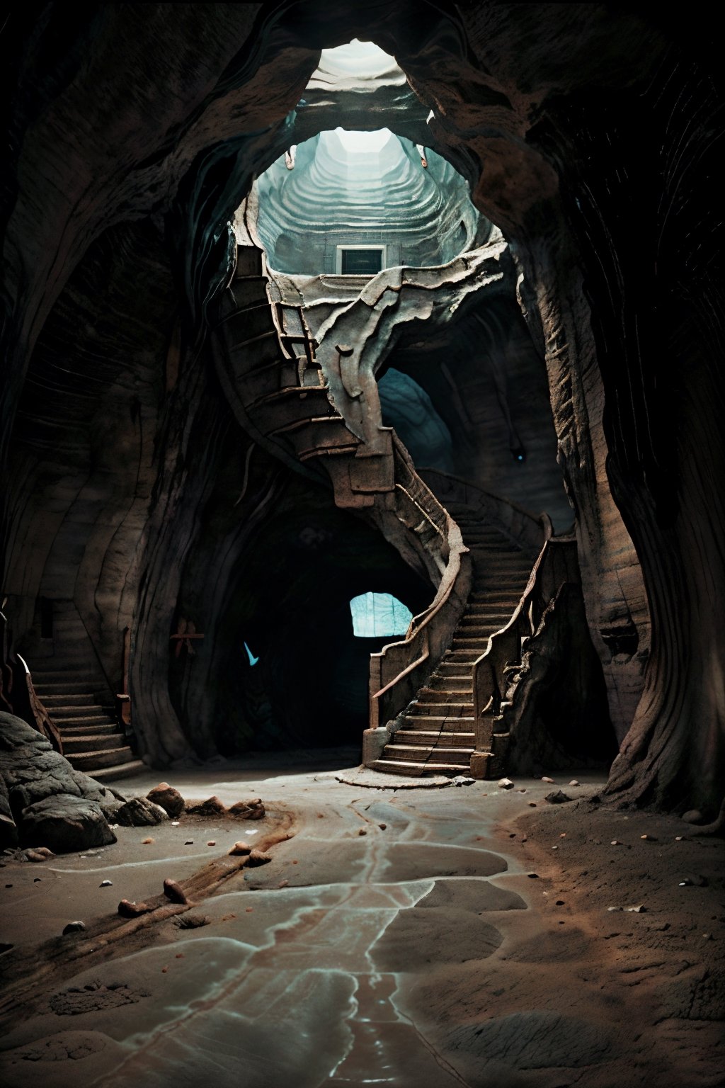 In a tall and empty cave, with strange-shaped stones, stone steps, and stone houses, a beautiful woman stands in the middle