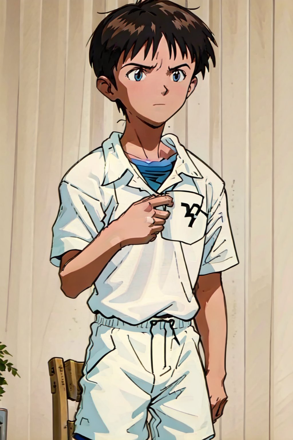 1boy,male, standing,fitted t-shirt,white round neck fitted t-shirt,white shorts,Soccer Shoes, (masterpiece, best quality), top quality, top resolution, sharp image, perfect details, perfect lighting, perfect shadows, perfect lighting, glowing skin,Shinji Ikari

,shinji