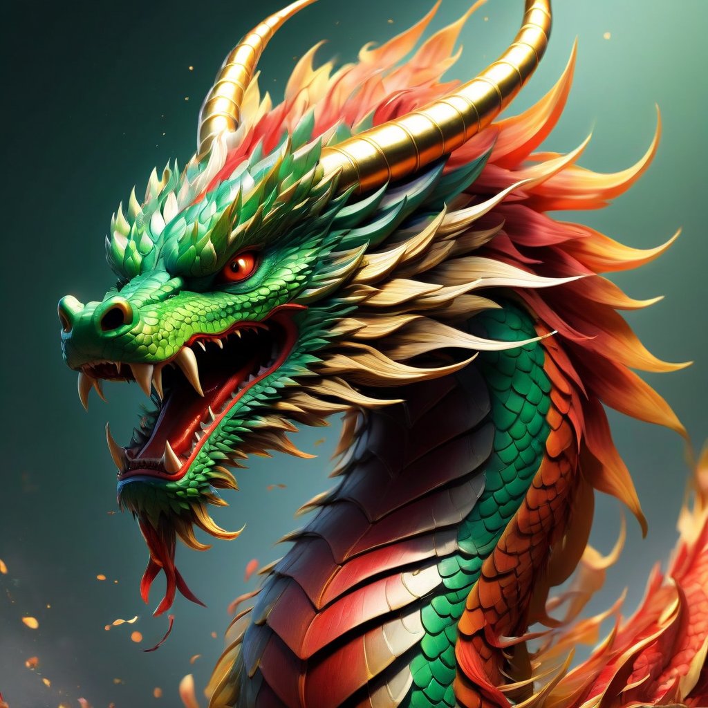 A dynamic digital illustration features a powerful and majestic Chinese dragon in an intense, action-oriented pose, inspired by traditional Chinese art. The dragon's serpentine body coils through the composition with fluid grace, its scales shimmering with intricate details of gold, red, and green. The dragon's fierce expression, with glowing eyes and bared fangs, exudes an aura of ancient wisdom and unstoppable power. Its face is adorned with long, flowing whiskers and sharp, curved horns that emphasize its mythical nature. The dragon's claws, sharp and menacing, are outstretched as if ready to grasp or strike. Flowing red and gold ribbons weave around the dragon, adding a sense of movement and intensity to the scene. The background is simple and minimalistic, featuring a solid color or a subtle gradient, ensuring easy removal or editing. The lighting is bright and focused, highlighting the dragon's scales, claws, and whiskers, while casting soft shadows that enhance the three-dimensional quality of the illustration. The overall color palette includes rich tones like deep reds, golds, and greens, with high contrast between the vibrant elements and the simpler background, contributing to the awe-inspiring and heroic mood of this 3D-rendered illustration. Ultra HD, realistic, vivid colors, highly detailed, UHD drawing, pen and ink, perfect composition, beautifully detailed, intricate, insanely detailed octane render trending on ArtStation, 8k artistic photography, photorealistic concept art, soft natural volumetric cinematic perfect light.