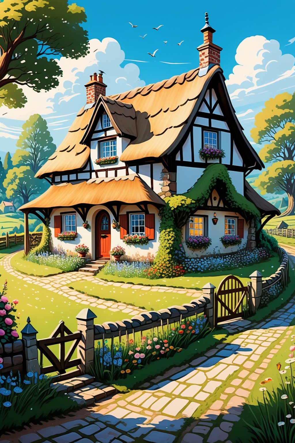 A charming and idyllic fairytale painting, representing a beautiful cottage, set against a lovely cottage background, fairytale, 4K UHD,rivghn style,comic book