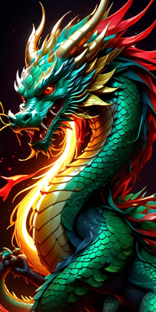 A dynamic digital illustration features a powerful and majestic Chinese dragon in an intense, action-oriented pose, inspired by traditional Chinese art. The dragon's serpentine body coils through the composition with fluid grace, its scales shimmering with intricate details of gold, red, and green. The dragon's fierce expression, with glowing eyes and bared fangs, exudes an aura of ancient wisdom and unstoppable power. Its face is adorned with long, flowing whiskers and sharp, curved horns that emphasize its mythical nature. The dragon's claws, sharp and menacing, are outstretched as if ready to grasp or strike. Flowing red and gold ribbons weave around the dragon, adding a sense of movement and intensity to the scene. The background is simple and minimalistic, featuring a solid color or a subtle gradient, ensuring easy removal or editing. The lighting is bright and focused, highlighting the dragon's scales, claws, and whiskers, while casting soft shadows that enhance the three-dimensional quality of the illustration. The overall color palette includes rich tones like deep reds, golds, and greens, with high contrast between the vibrant elements and the simpler background, contributing to the awe-inspiring and heroic mood of this 3D-rendered illustration. Ultra HD, realistic, vivid colors, highly detailed, UHD drawing, pen and ink, perfect composition, beautifully detailed, intricate, insanely detailed octane render trending on ArtStation, 8k artistic photography, photorealistic concept art, soft natural volumetric cinematic perfect light.