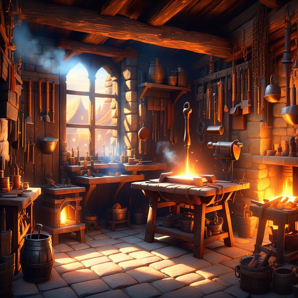 Blacksmith shop scene, highly detailed, medieval era, glowing forge, tools hanging on walls, anvil and hammer, warm lighting, rustic and rugged atmosphere, atmospheric smoke, intricate textures, realistic, 4K quality, fantasy elements