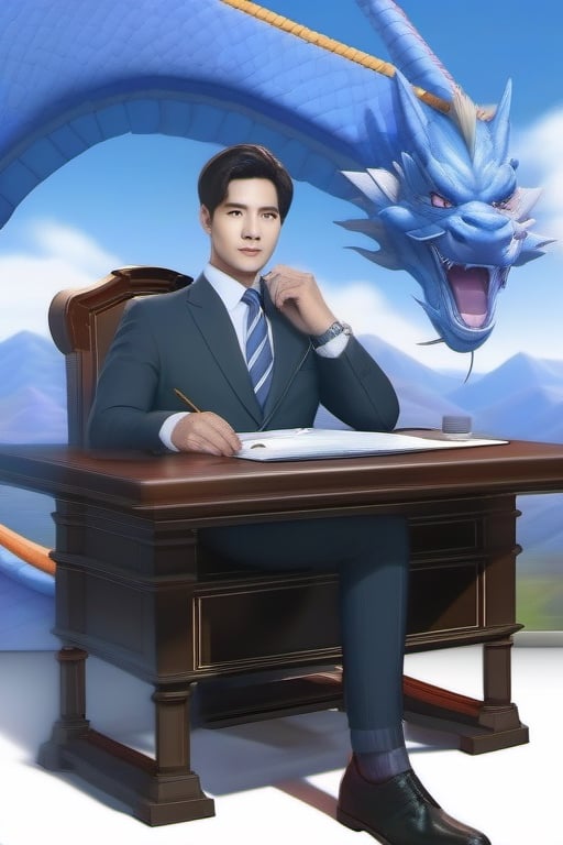 In front of the blue dragon flying in the sky, a Korean male anchor in his 30s is sitting at a desk looking straight ahead and broadcasting