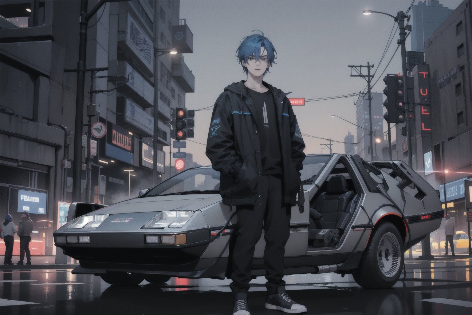 JustFallenOfficial standing next to a futuristic black delorean from film Back to the Future car,photorealistic emo blue hair tuned car, cyberpunk city background,1guy