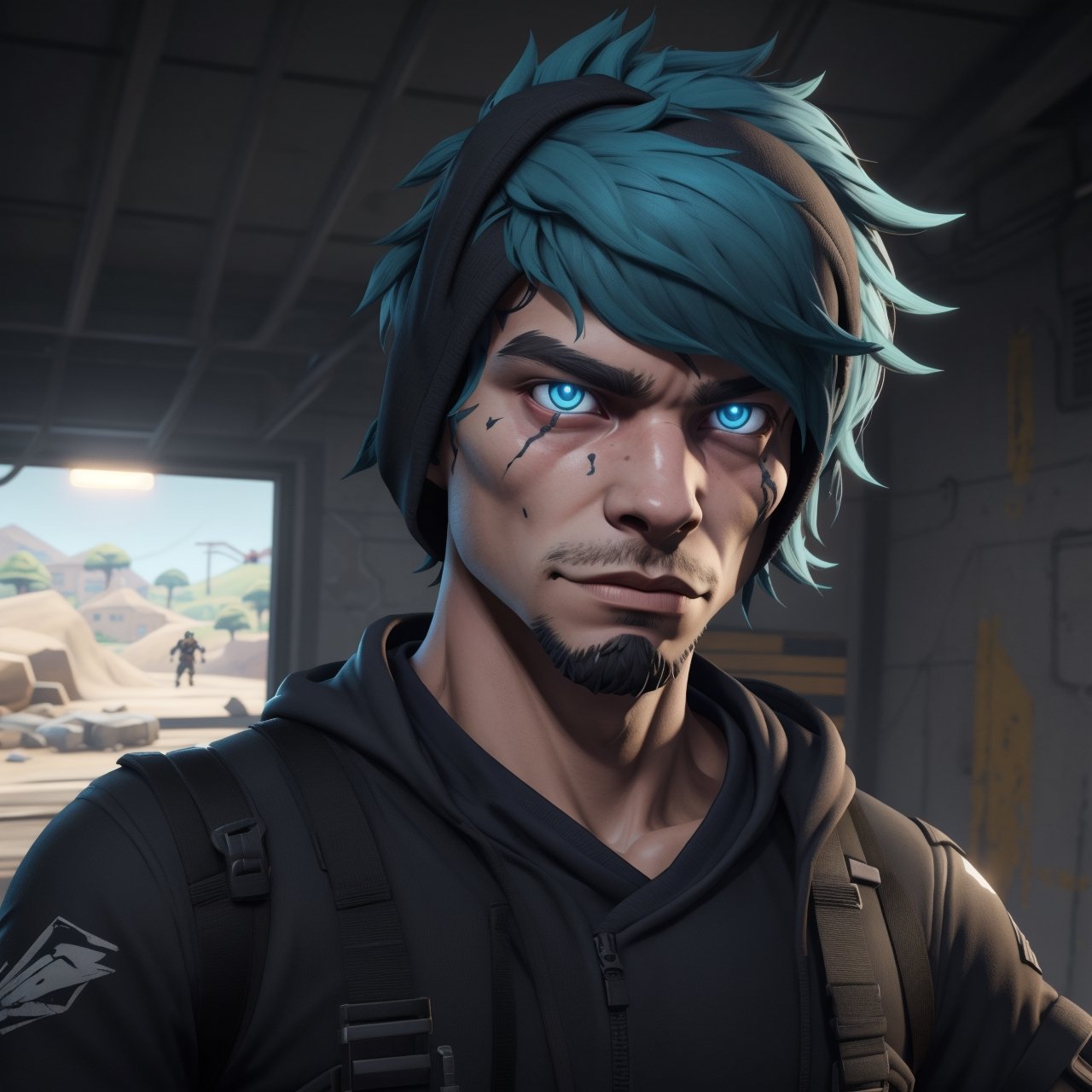 JustFallenOfficial in Fortnite skin style blue emo messy hair sexy ,REALISTIC background from fortnite game