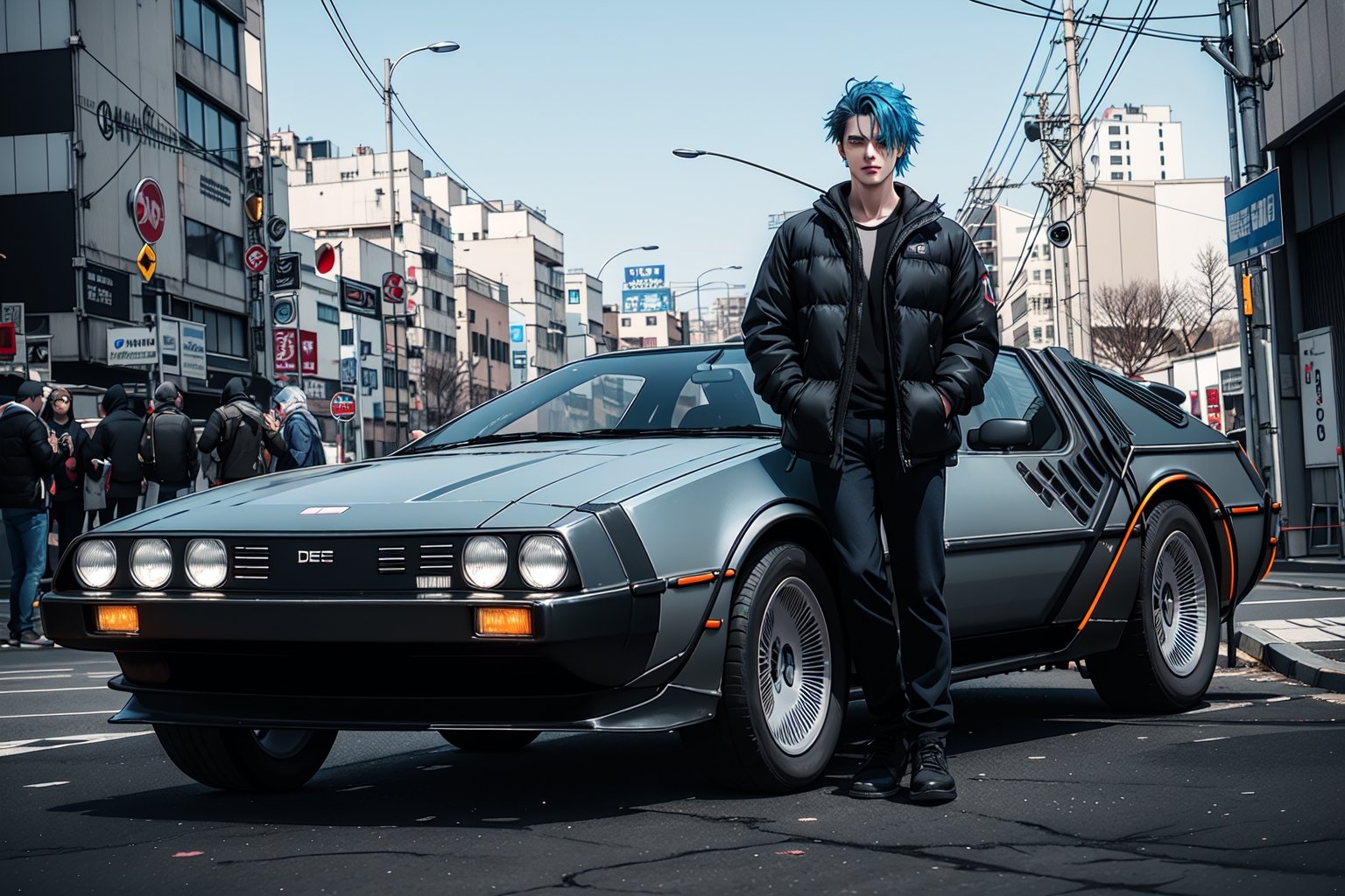 JustFallenOfficial standing next to a futuristic black delorean from film Back to the Future car,photorealistic emo blue hair tuned car, cyberpunk city background