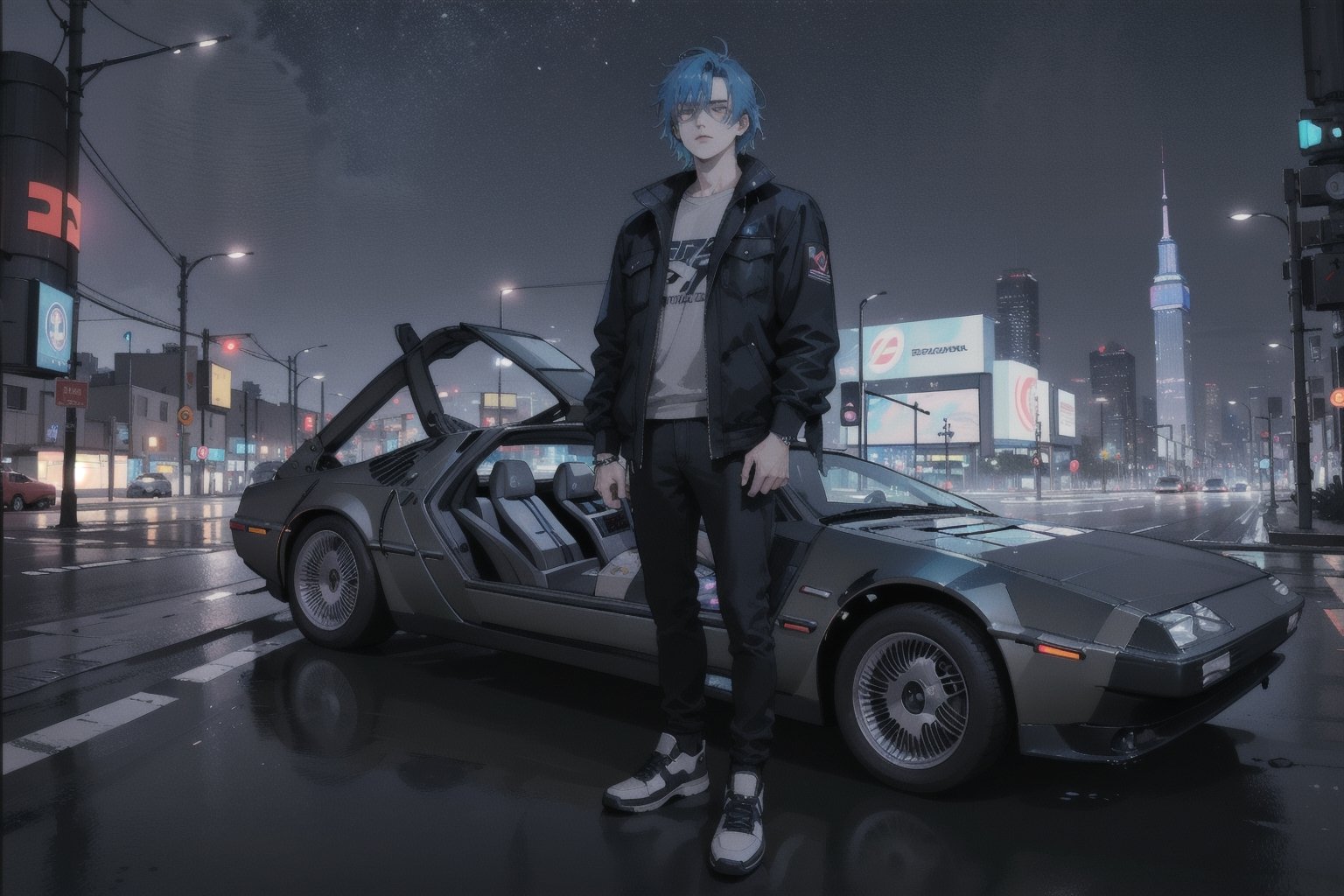 JustFallenOfficial standing next to a futuristic black delorean from film Back to the Future car,photorealistic emo blue hair tuned car, cyberpunk city background,1guy