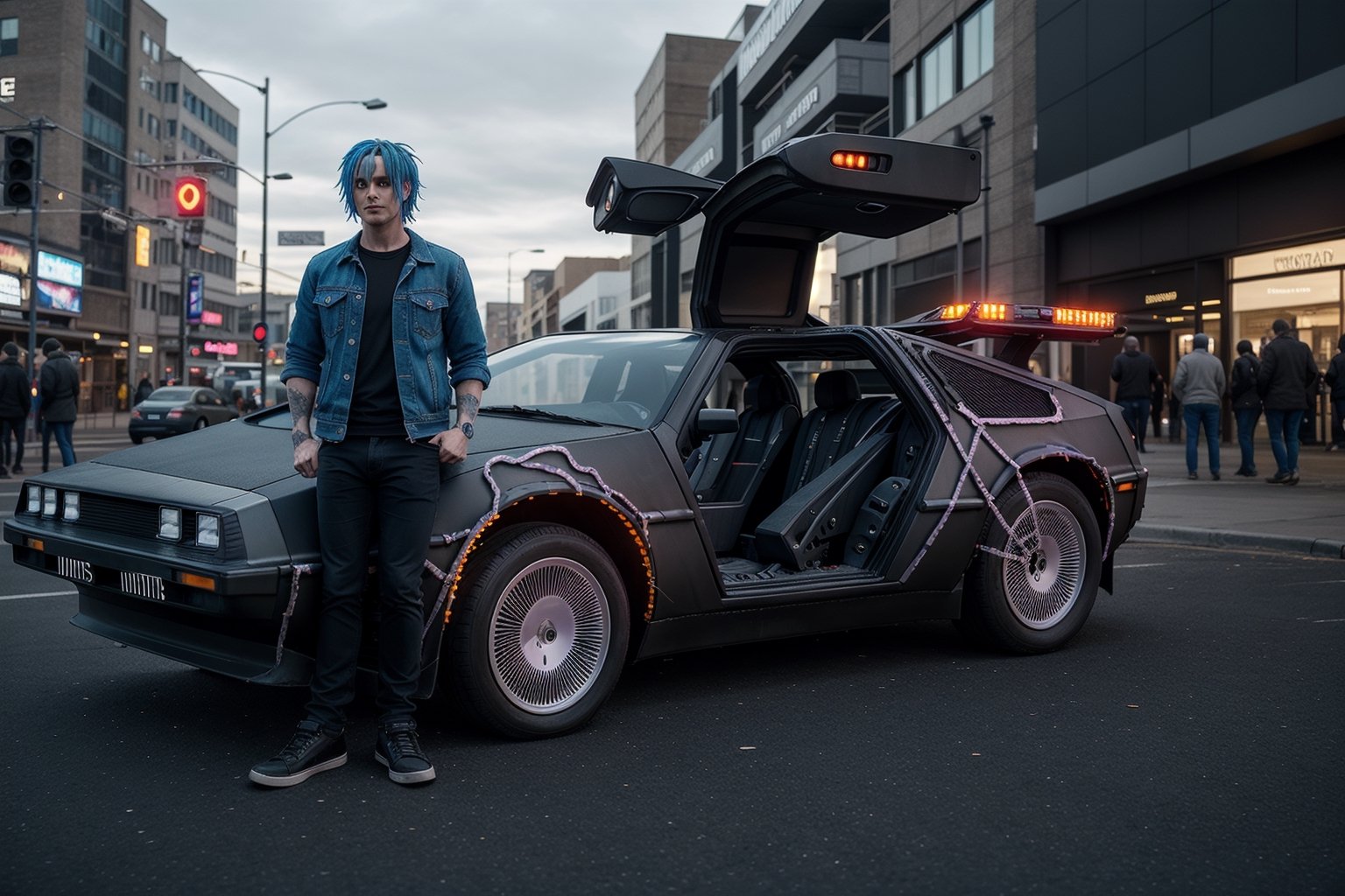 JustFallenOfficial standing next to a futuristic black delorean from film Back to the Future car,photorealistic emo blue hair tuned car, cyberpunk city background