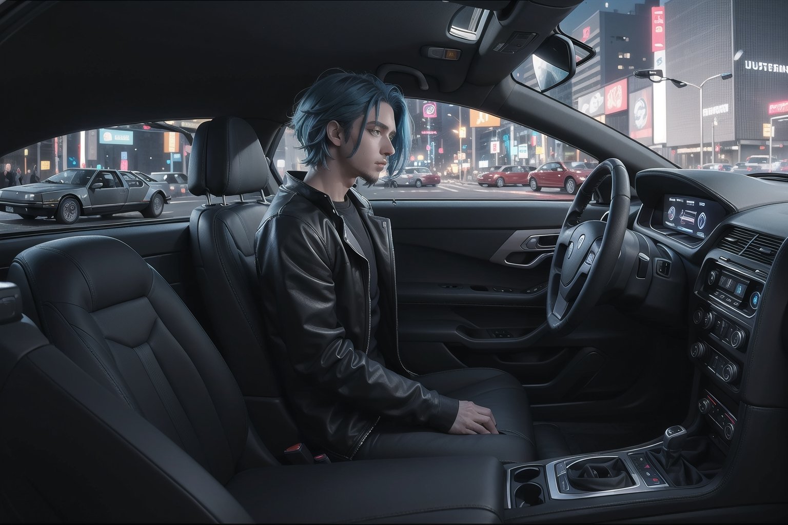 (JustFallenOfficial) sitting in futuristic black delorean car from film Back to the Future car,photorealistic emo blue hair tuned car, cyberpunk city background,1guy