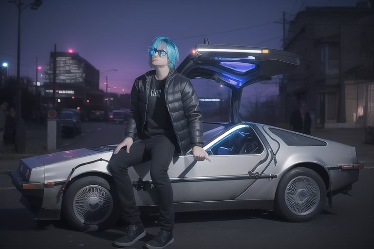 (JustFallenOfficial) sitting in futuristic black delorean car from film Back to the Future car,photorealistic emo blue hair tuned car, cyberpunk city background,1guy