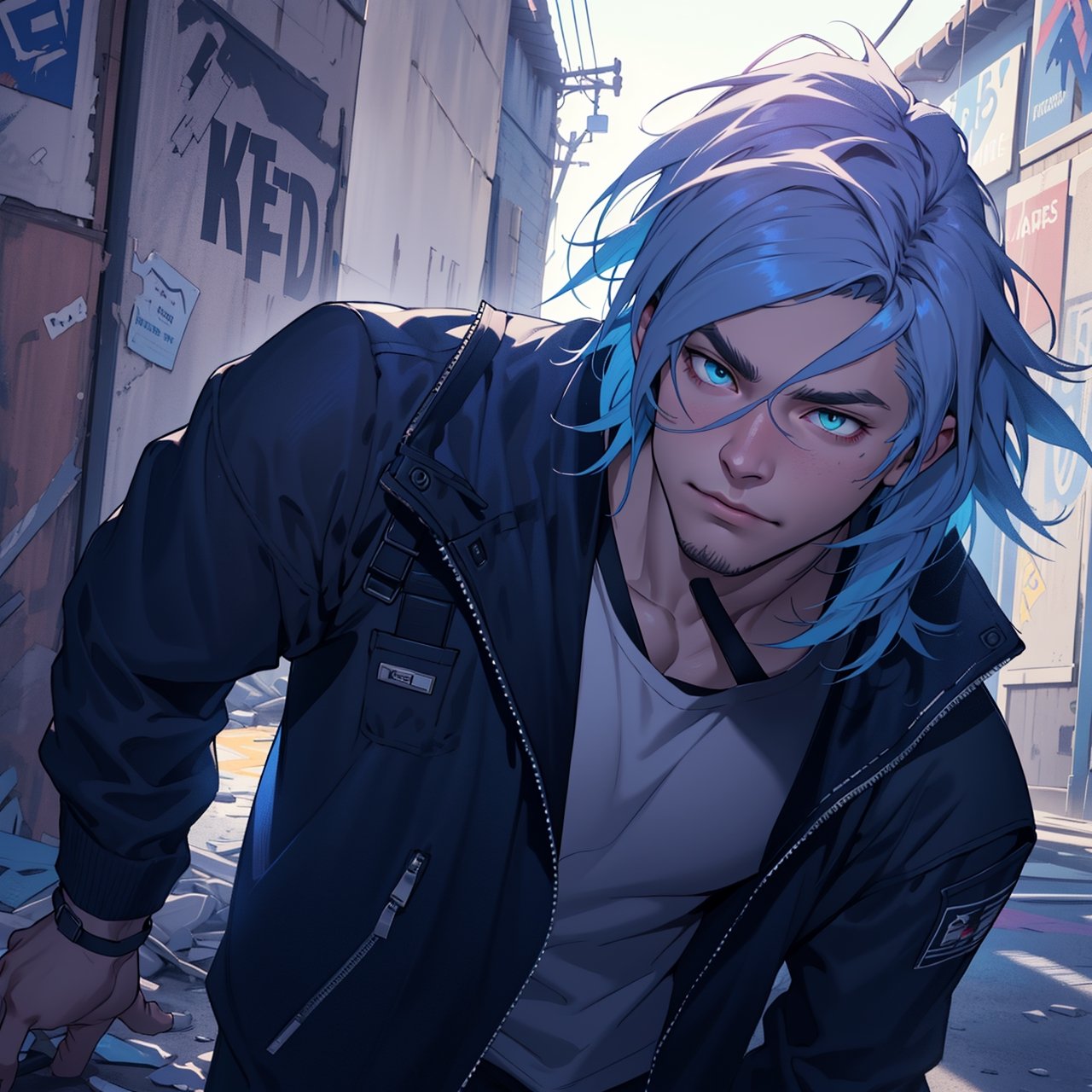 JustFallenOfficial in Fortnite skin style blue emo messy hair sexy ,REALISTIC background from fortnite game,JustFallenOfficial