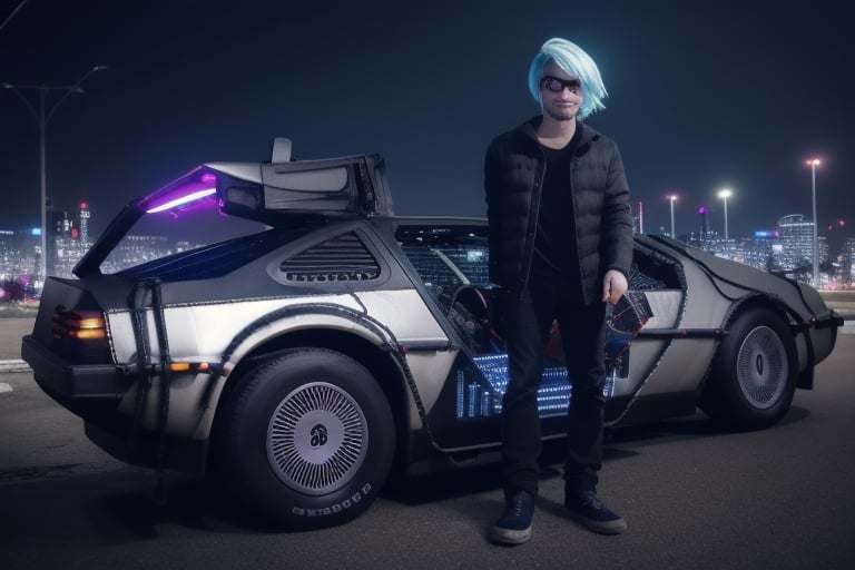 JustFallenOfficial standing next to a futuristic black delorean from film Back to the Future car,photorealistic emo blue hair tuned car, cyberpunk city background