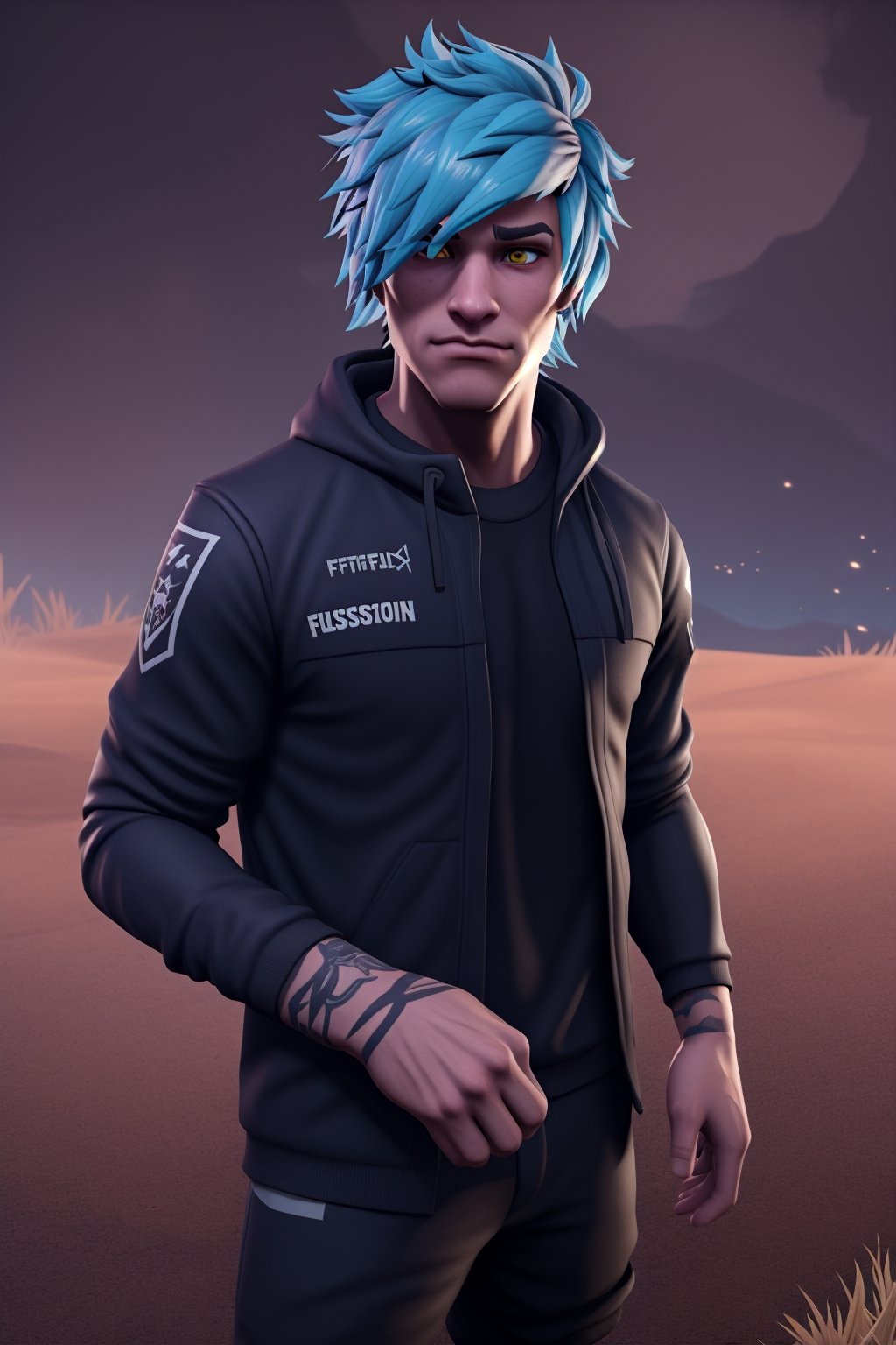 JustFallenOfficial in Fortnite skin style blue emo messy hair sexy ,REALISTIC background from fortnite game,JustFallenOfficial