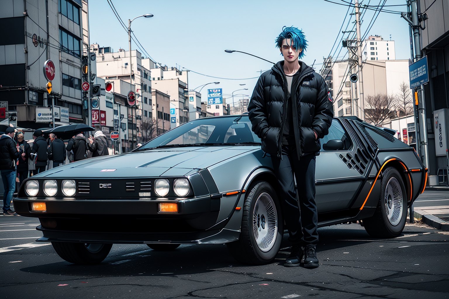 JustFallenOfficial standing next to a futuristic black delorean from film Back to the Future car,photorealistic emo blue hair tuned car, cyberpunk city background
