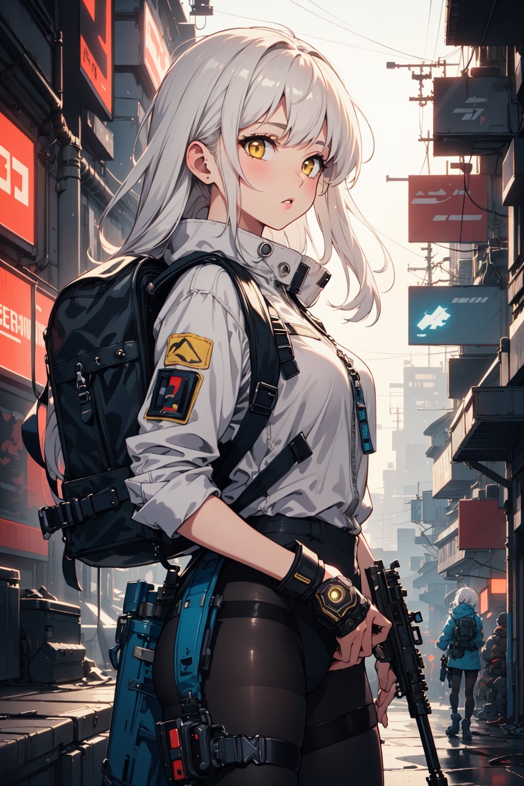 (((masterpiece))),best quality, illustration,beautiful detailed glow,
1girl, bounty hunter, white hair, long hair, yellow eyes, tights, tactical backpack, military boots, cyberpunk, urban style,close-up,
blad4,Retro