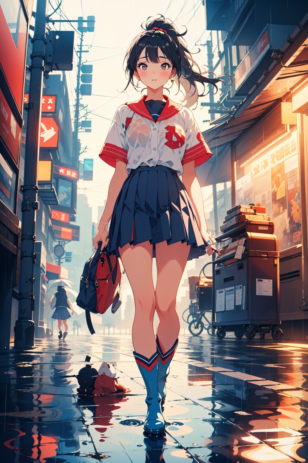 (((masterpiece))),best quality, illustration,beautiful detailed glow,
1girl, black eyes, black hair, long hair, ponytail,White shirt, red baseball uniform, dark blue pleated skirt, rain boots, raining, walking in the rain,urban style,
blad4,Retro