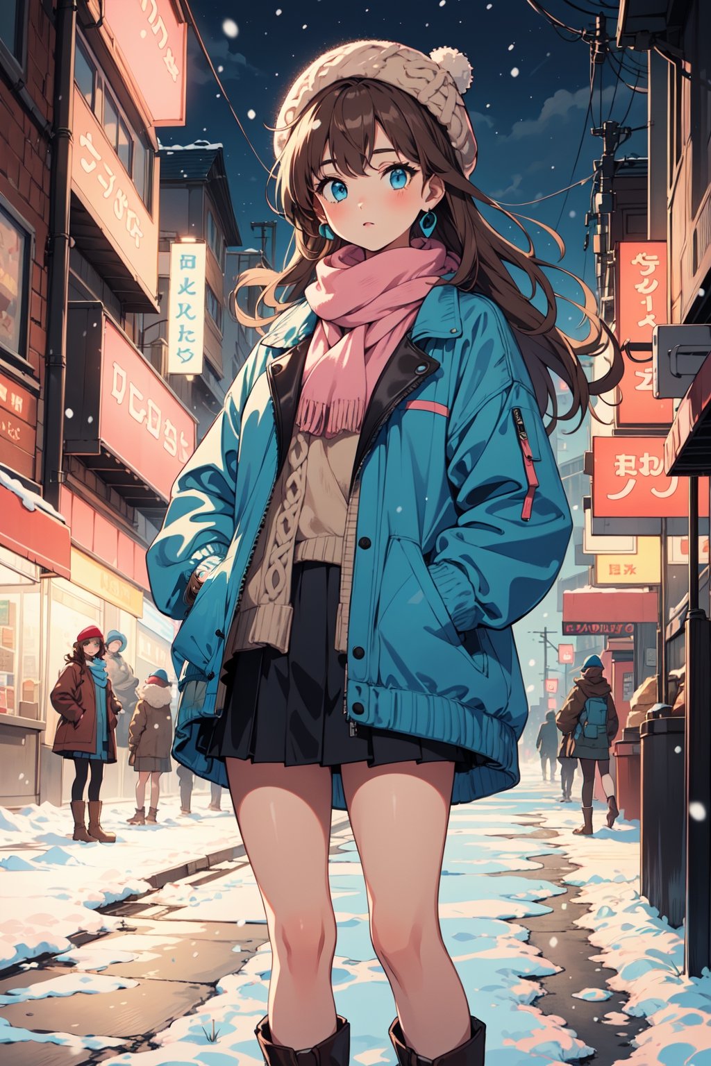 (((masterpiece))),best quality, illustration,beautiful detailed glow,
1girl, brown hair, long hair, blue eyes, pink woolen hat, beige scarf, cyan sweater, long windbreaker, leather skirt, woolen socks, brown boots, hands in pockets, night, snowing, under street lights,Retro