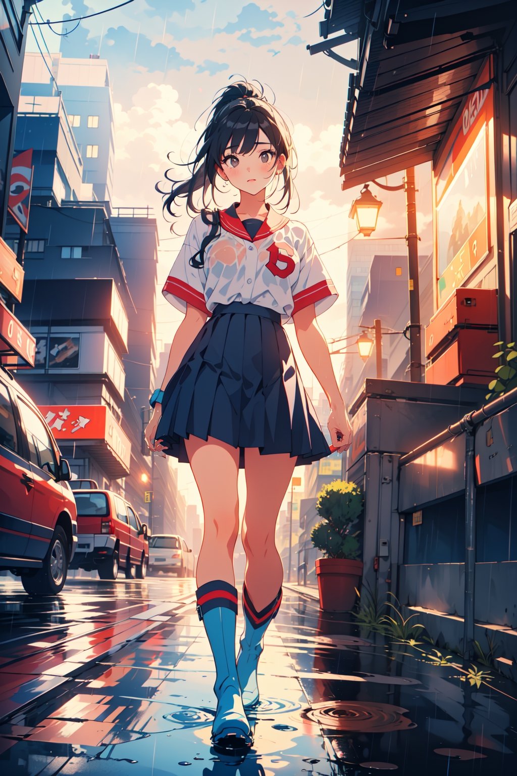 (((masterpiece))),best quality, illustration,beautiful detailed glow,
1girl, black eyes, black hair, long hair, ponytail,White shirt, red baseball uniform, dark blue pleated skirt, rain boots, raining, walking in the rain,urban style,
blad4,Retro