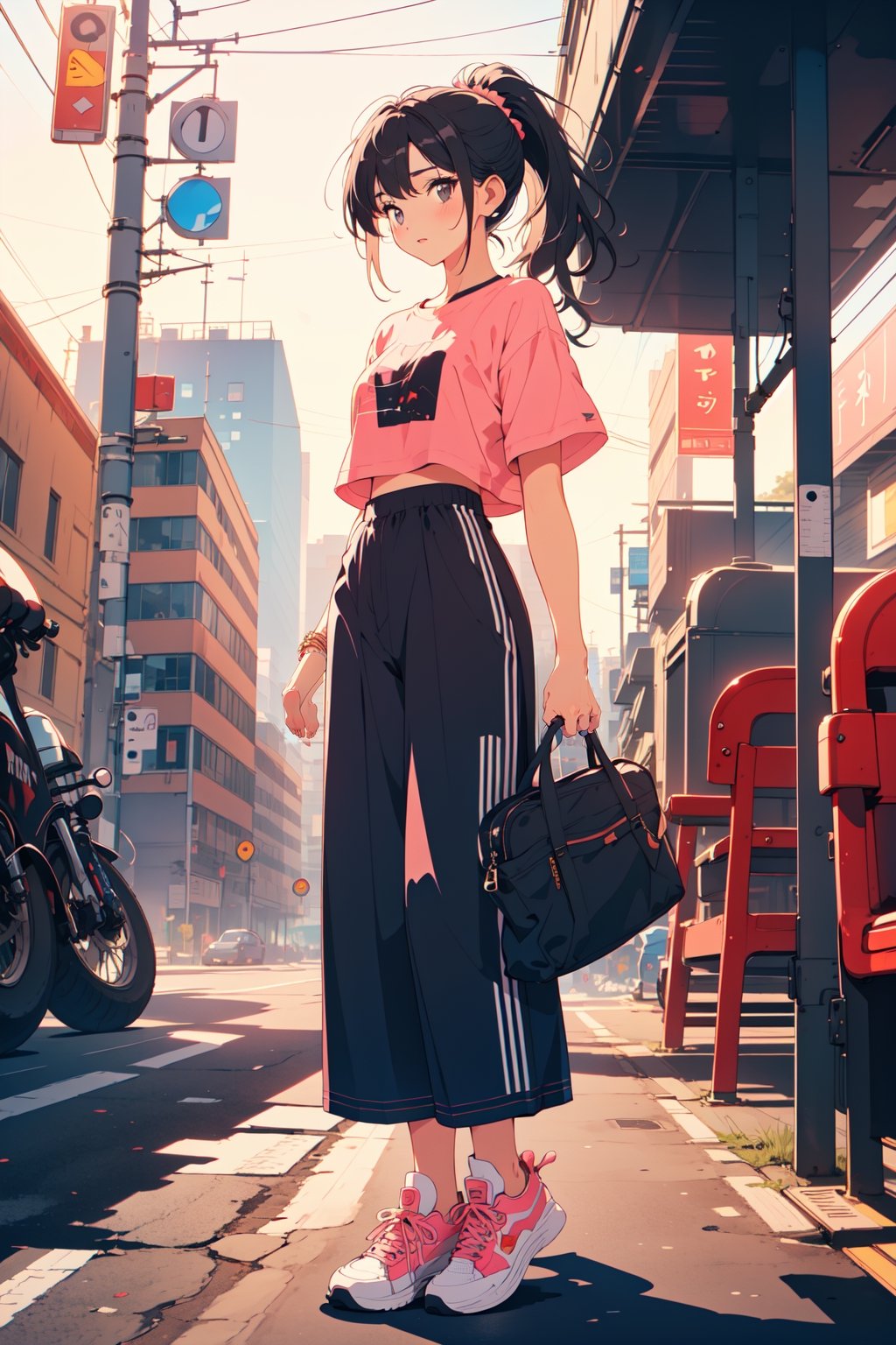 (((masterpiece))),best quality, illustration,beautiful detailed glow,
1girl, black eyes, black hair, long hair, ponytail,pink short sleeves, wide leg pants, sneakers, at the bus stop,urban style,
blad4,Retro