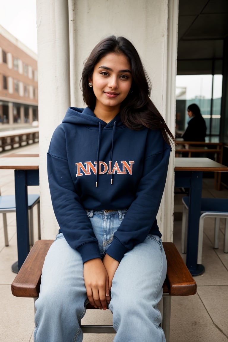 22 year old Indian women , wearing dark red hoodie and long blue jeans ,blue eyes ,brown hair , outside of cafeteria,  sitting on the chair holding cup , very happy ,Realism,Portrait