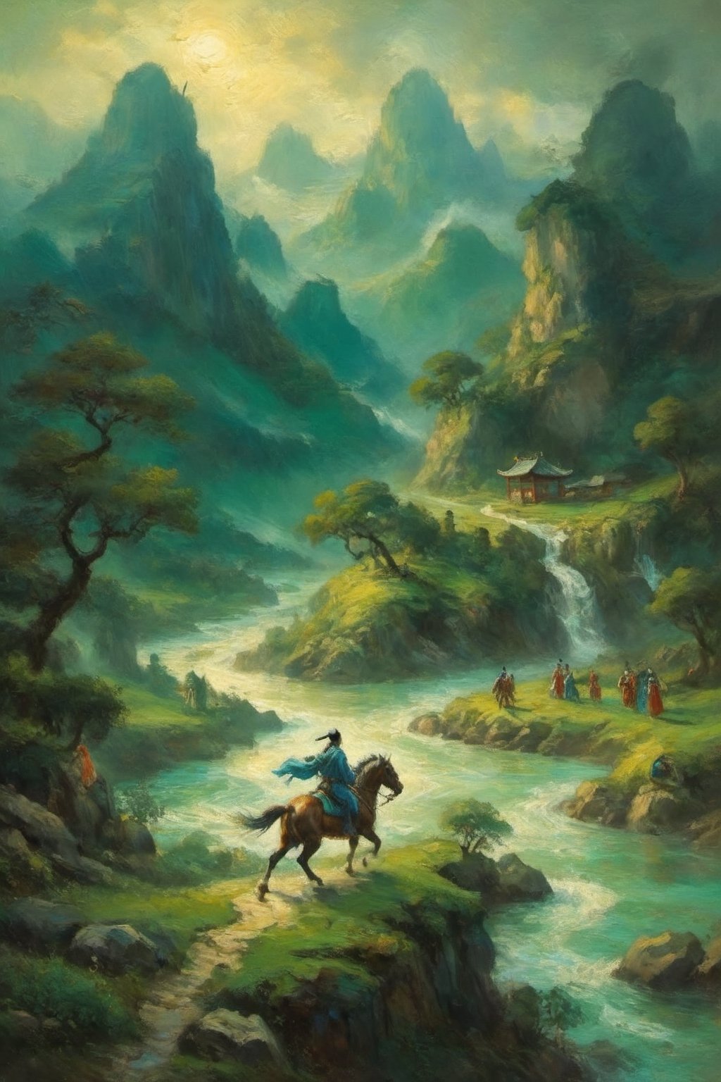 (Wuxia:1.5),(Surrealism:1.5),epic composition,stunning intricate details,glowing,dragons and horses,verdant mountains and rivers,heroes roam. masterpiece,best masterpiece,