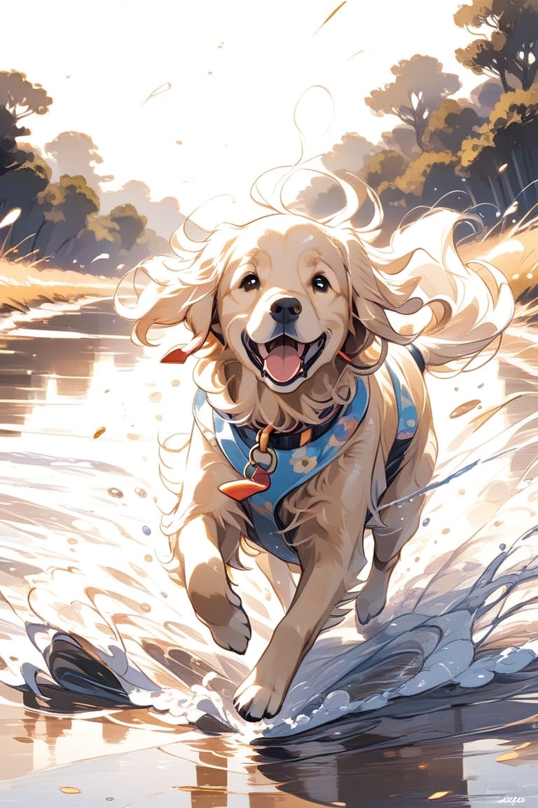 Perro golden retriever rodando y jugando en el suelo, lindo, anime