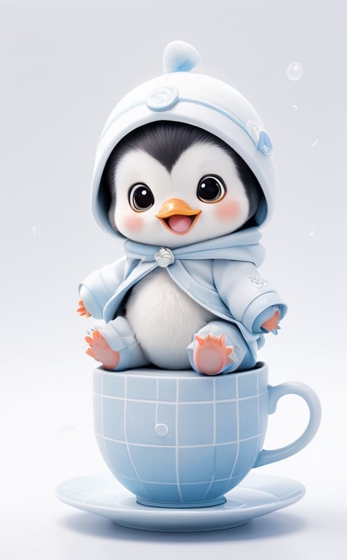 
A little penguin wearing a baby diaper and laughing while sitting in a teacup

The background is completely white.

The penguin is in the center of the nine-square grid of the whole picture, and other places are left pure white.
,chibi