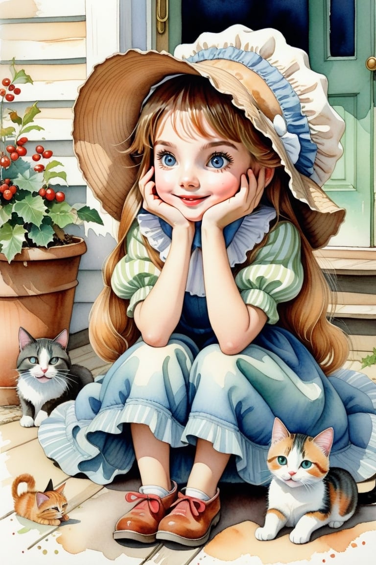 Holly Hobby's illustration, depicting a  girl in large bonnet, She lay on the ground, and supported her face with her hands, looking at her cat. The cat stretched, yawned, raised its buttocks, and raised its tail.
, against porch bg, watercolor, whimsical cheerful playful vibe, rustic charm and sense of nostalga, ultra detailed, thin lines, detailed