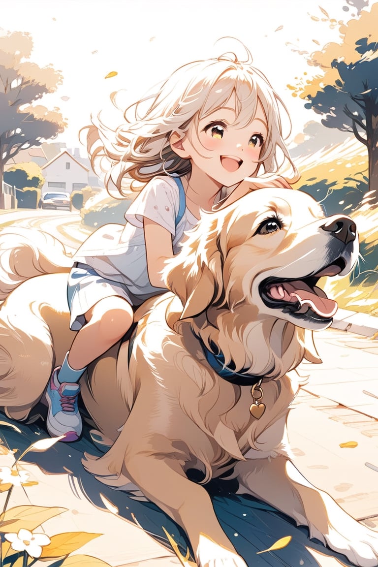 
Niña sonriendo y jugando con su perro golden retriever, lindo, anime