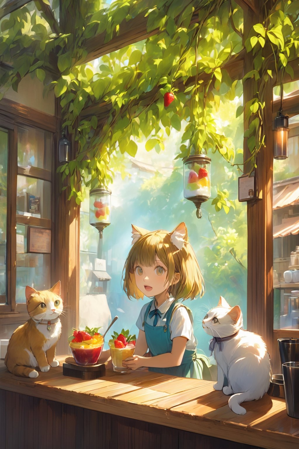 A cute girl is eating ice cream in a cat cafe. The coffee shop is decorated with decorations, and there are piles of fruits on the bar, which look delicious and tempting. Art glass container. A quiet cat cafe facing a beautiful garden.

As the warmth of the summer sun beat down, 10-year-old Sakura was thrilled for her weekly treat - an afternoon out with Obaa-chan at the quaint little cafe nestled amongst the blossom trees. The rustic wooden walls were covered in flowering vines, their sweet scent wafting on the breeze. Colorful hangings and artwork filled any spaces not overflowing with blooms.

It was here that Obaa-chan always treated Sakura to the cafe's specialty - a towering glass of their 'Rainbow Reviver' frappe. Vibrant flavors of berries, mangoes and coconut were artistically layered in spirals, sure to lift any mood. Today, Sakura had also chosen a fresh fruit sundae, piled high with peaches, strawberries and kiwi atop creamy vanilla.

As always, the first bite was heavenly. Sweet juices burst across her tongue as soft fruits melted in her mouth. Laughter and chatter drifted out from the open windows, mingling with birdsong in the branches above. All around, other patrons enjoyed treats as deliciously. Behind the counter, the baristas worked diligently to create more masterpieces.

