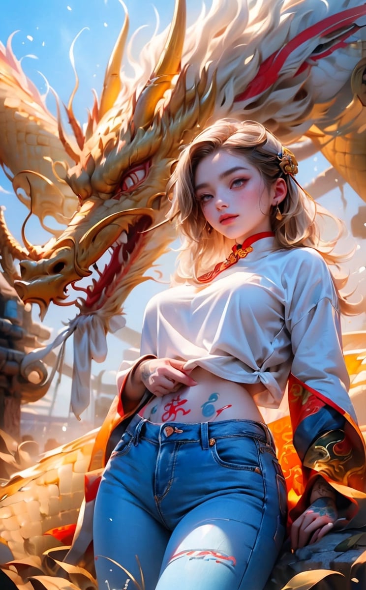best quality, masterpiece,	(Cute chinese girl, 22year old:1.5),	(ancient chinese theme:1.4), (In the background, a golden dragon), (body covered in words, words on body:1.2, tattoos of (words) on body:1.4), (a fine beard:1.3),	(a gentle smile:1.1),	cinematic lighting, ambient lighting, sidelighting, cinematic shot,	half body view,	long Wave blonde hair,	beautiful and aesthetic, vibrant color, Exquisite details and textures, cold tone, ultra realistic illustration,siena natural ratio, anime style, Gold Dragon Printing,	a shirt, low-rise jeans,	ultra hd, realistic, vivid colors, highly detailed, UHD drawing, perfect composition, ultra hd, 8k, he has an inner glow, stunning, something that even doesn't exist, mythical being, energy, molecular, textures, iridescent and luminescent scales, breathtaking beauty, pure perfection, divine presence, unforgettable, impressive, breathtaking beauty, Volumetric light, auras, rays, vivid colors reflects.,dragonbaby