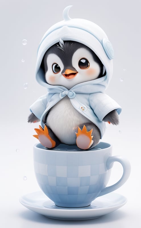 
A little penguin, wearing a baby diaper, sits in a teacup, with his little butt sunk in the teacup, exposing his two little feet, laughing.

The background is completely white.

The penguin is in the center of the nine-square grid of the whole picture, and other places are left pure white.
,chibi