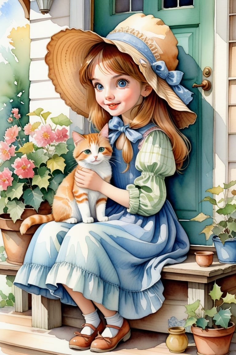 Holly Hobby's illustration, depicting a  girl in large bonnet, sitting and petting her  cat, against porch bg, watercolor, whimsical cheerful playful vibe, rustic charm and sense of nostalga, ultra detailed, thin lines, detailed