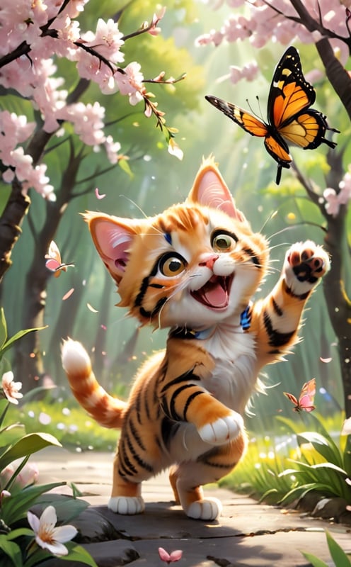 Playful scene of a small orange tabby cat, Its fur is yellow with black tiger stripes, batting at a butterfly with its tiny paws. The butterfly, seemingly unfazed, flits around the kitten, Lead it on a happy chase through a forest of blooming cherry blossoms. The image is a heartwarming portrayal of youthful curiosity and the joy of exploration.
