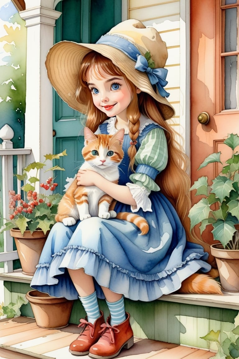 Holly Hobby's illustration, depicting a  girl in large bonnet, sitting and petting her  cat, against porch bg, watercolor, whimsical cheerful playful vibe, rustic charm and sense of nostalga, ultra detailed, thin lines, detailed
