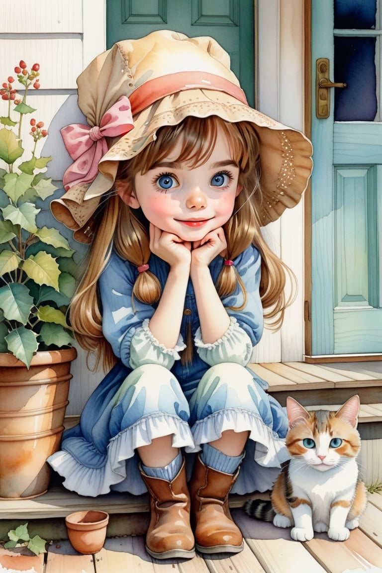 Holly Hobby's illustration, depicting a  girl in large bonnet, Sitting cross-legged on the ground, resting her face on her hands, looking at her cat and looking into the cat's eyes, against porch bg, watercolor, whimsical cheerful playful vibe, rustic charm and sense of nostalga, ultra detailed, thin lines, detailed