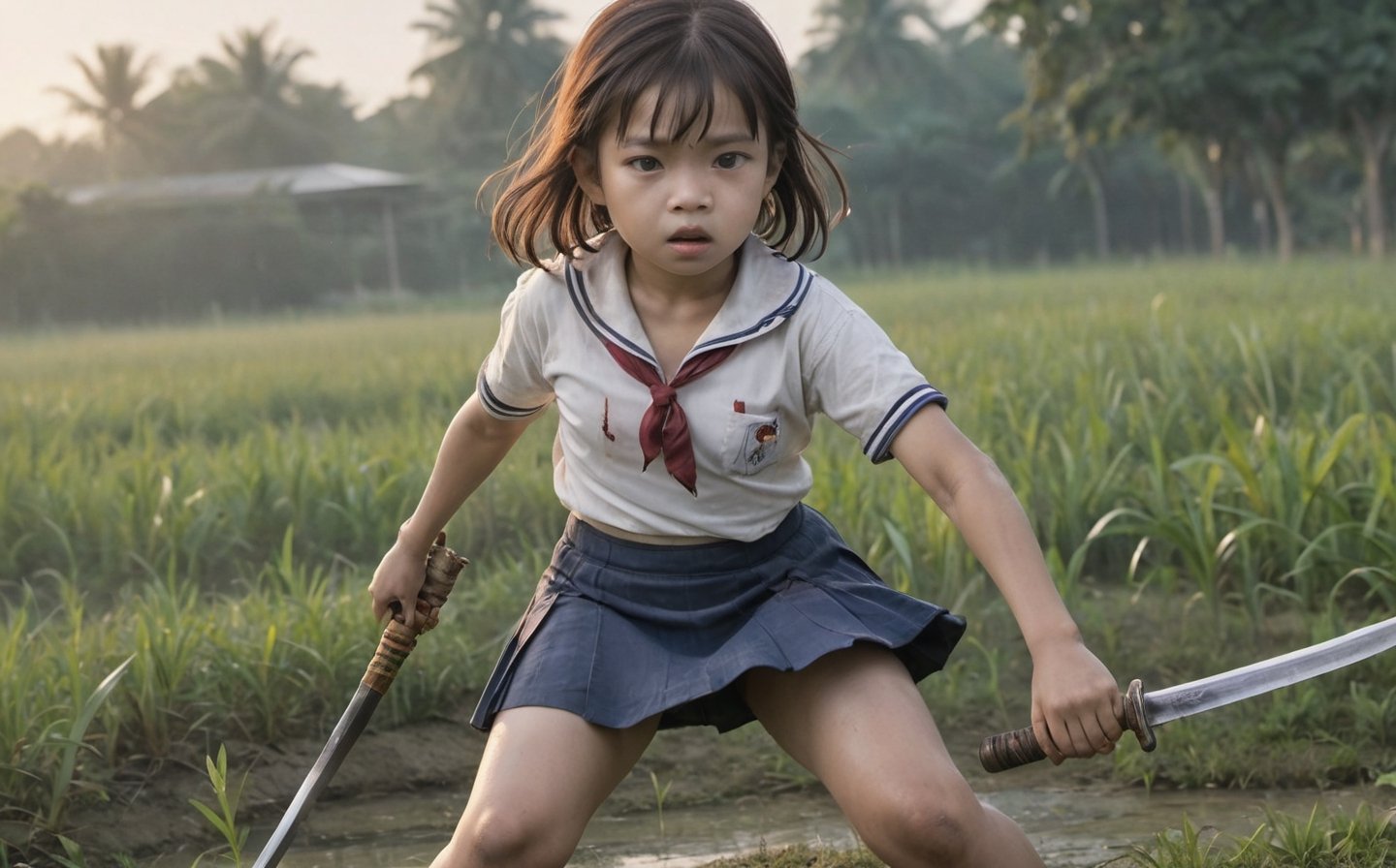 ((thai little girl)) ,(7yo), (bob-hair, white-skin, fat:0.2, nude,boobs, tight-vagina, sweat), 
(wearing white sailor-shirt, long darkblue-skirt).

(she look very dirty ,stain, torn shirt and skirt), (used a katana-sword in hands and ready for fighting), (open legs, running), looking at you, (lot of leaf floating on the wind , some of leafs were cut and scattered),(stain on her thighs),(She had a wound),

,((strong wind)),((in height-grass fields)),((uncensored)),((sunset))