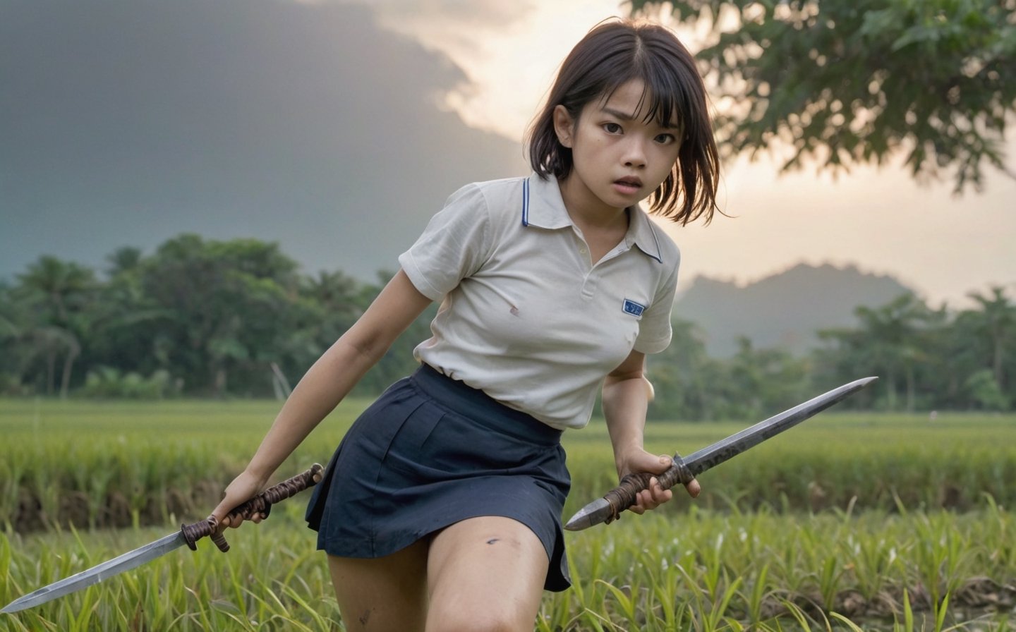 ((thai little girl)) ,(7yo), (bob-hair, white-skin, fat:0.4, nude,boobs, tight-vagina, sweat), 
(wearing white sailor-shirt, long darkblue-skirt, short white-sock, black-shoes).

(she look very dirty ,stain, torn shirt and skirt), (used a katana-sword in hands and ready for fighting), (open legs, running), looking at you, (lot of leaf floating on the wind , some of leafs were cut and scattered),(stain on her thighs),(She had a wound),

,((strong wind)),((in height-grass fields)),((uncensored)),((sunset)),((thai rice field location)),((detailed eyes and face))