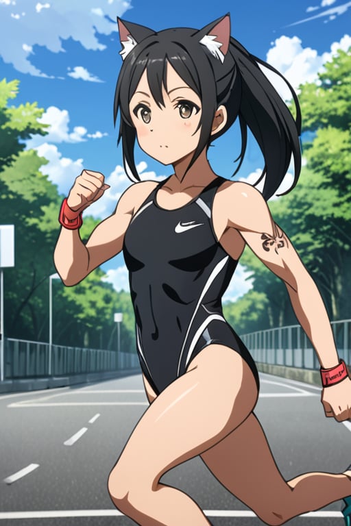 1girl, solo, anime style, a1 picture, sao anime, 4k quality, masterpiece, best quality, sword art online,  triathlon, Japanese triathlon, young girl, cute, yui, long hair, blunt bangs, hime cut, black hair, long hair, high ponytail, hair scrunchie, flat chest, bare legs, bare shoulder, muscular,  muscular female, bodybuilder, muscular, hyper muscles, muscular abs, muscular arms, muscular legs, muscular neck, muscular shoulders, muscular thighs, shiny skin, sweat, arena (company), competition swimsuit, one-piece swimsuit, black one-piece swimsuit, highleg swimsuit , clothes writing, skin tight,  nike (company), shoes, air max, sneakers, aqua footwear, clothes writing , tattoo, (number tattoo:0.5), shoulder tattoo, leg tattoo, Temporary Race Number, ((race number "15")), race bib, ((bib name "YUI")),  racerback, running, full body, facing away, running towards away, from side, running on road, negative_hand, easynegative, wide shot, paiyama, tree, real world location, scenery, outdoors, building, road, street, city, day, catgirl, animal_ears, cat_tails, cat_ears, source_anime, score_9,competitive swimsuit