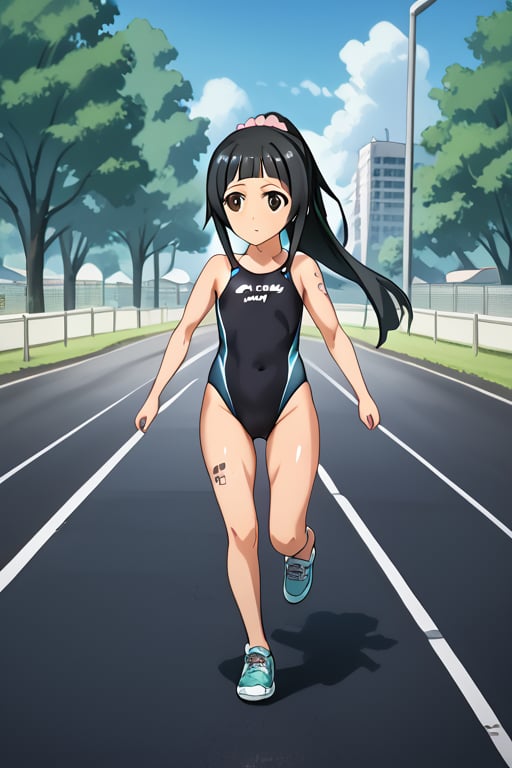 1girl, solo, anime style, a1 picture, sao anime, 4k quality, masterpiece, best quality, sword art online,  triathlon, Japanese triathlon, young girl, cute, yui, long hair, blunt bangs, hime cut, black hair, long hair, high ponytail, hair scrunchie, flat chest, bare legs, bare shoulder, muscular,  muscular female, bodybuilder, muscular, hyper muscles, muscular abs, muscular arms, muscular legs, muscular neck, muscular shoulders, muscular thighs, shiny skin, sweat, arena (company), competition swimsuit, one-piece swimsuit, black one-piece swimsuit, highleg swimsuit , clothes writing, skin tight,  nike (company), shoes, air max, sneakers, aqua footwear, clothes writing , tattoo, (number tattoo:0.5), shoulder tattoo, leg tattoo, Temporary Race Number, ((race number "15")), race bib, ((bib name "YUI")),  racerback, running, full body, facing away, running towards away, from side, running on road, negative_hand, easynegative, wide shot, paiyama, tree, real world location, scenery, outdoors, building, road, street, city, day