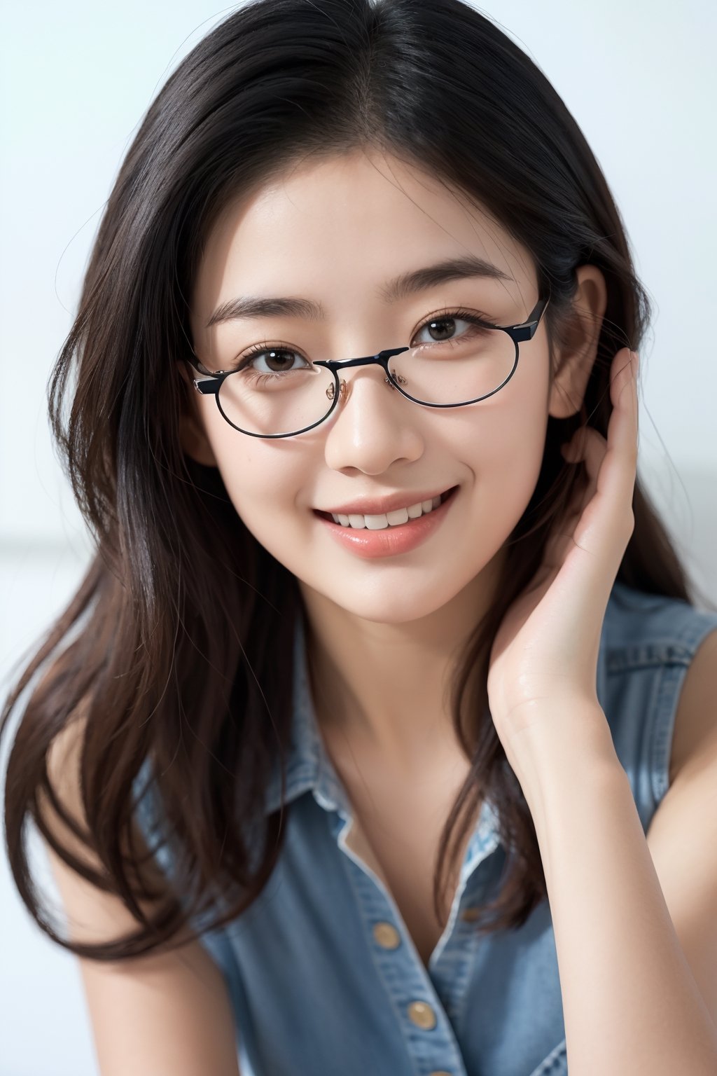 chinese woman, (glasses, laughy smiling:1.2), fully clothed, fully dressed, curve, photo realistic, expressive, everything is in ultra high-definition, ultra HD, ultra high resolution, everything detailed, rare, flexible, complex, unique, ultra realism