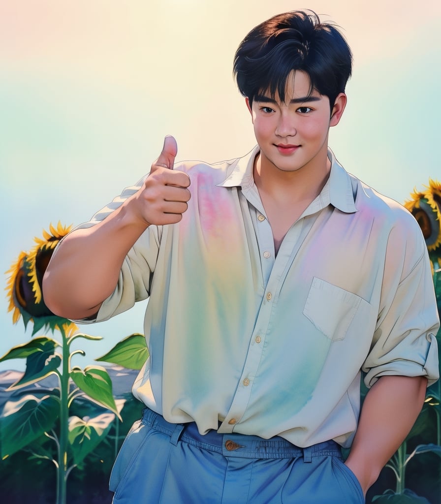 1boy,full body, iridescent watercolor,photorealistic, asian, muscular,chubby_chest,korean style, ivory skin,blush,blushing orgasm, happy face,pastel_shirt,((good job, thumbs up)),outdoor,(big yellow sunflowers),masterpiece,best quality,Extremely Realistic,background,watercolor,morning light 