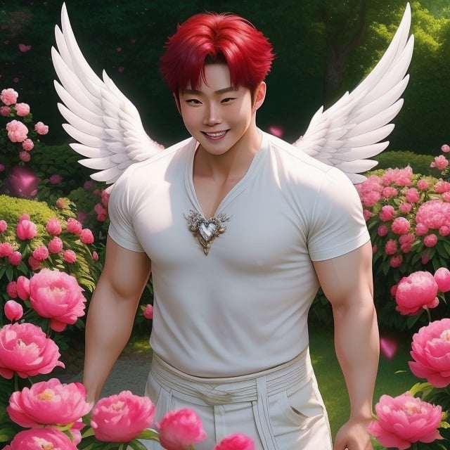 Cupid, a muscular-chubb, Asian man, handsome korean actor, blushed-face smiling Red-hair, mulit large angel wings, realistic, white-shirt,fullbody ,runing in a Garden, blooming peony,  sunlight ,Crystal heart holding
 detail-face 4k HDR far away shot, look at camera