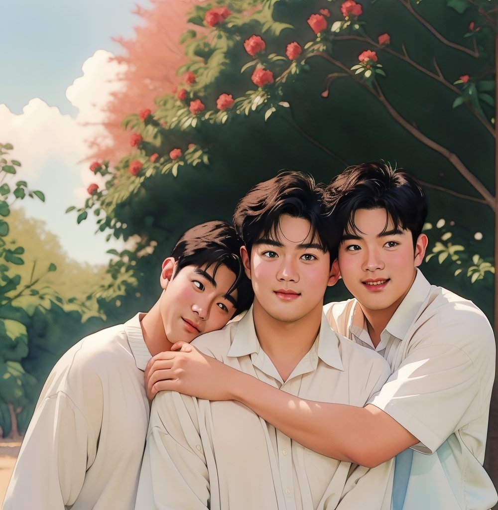 3boy,full body, iridescent watercolor,photorealistic, asian, muscular,chubby_chest,korean style, ivory skin,blush,blushing orgasm , in_love, Polyamory ,multiple_hug,group_hug,pastel_shirt,masterpiece,best quality, outdoor, Red Rose_trees,beach
 , WtrClr,Extremely Realistic,background,watercolor,morning light 